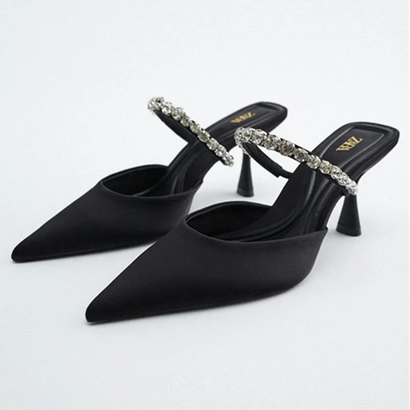 

2022 New Women's Chain Strap Mules Black Stiletto Elegant Diamond Pointed Toe Mary Jane Shoes Women Plus Size Black Women Shoes