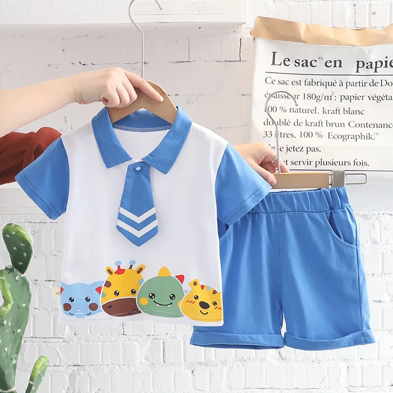 

2022 Summer Toddler Boys Cute Clothes Sets Baby Girls Cartoon Short Sleeve T-shirt with Tie+ Shorts Casual Outfits Kids Clothing