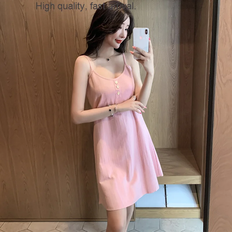 

Женская пижама на бретельках, летняя ночная рубашка, пикантная светло-розовая хлопковая Новая Домашняя одежда большого размера в стиле Ins н...