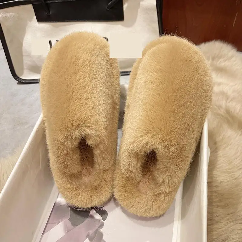 Winter Women Fluffy Fur Furry Thick Platform Home Slippers Female Warm Plush Non Slip Flip Flops Shoes