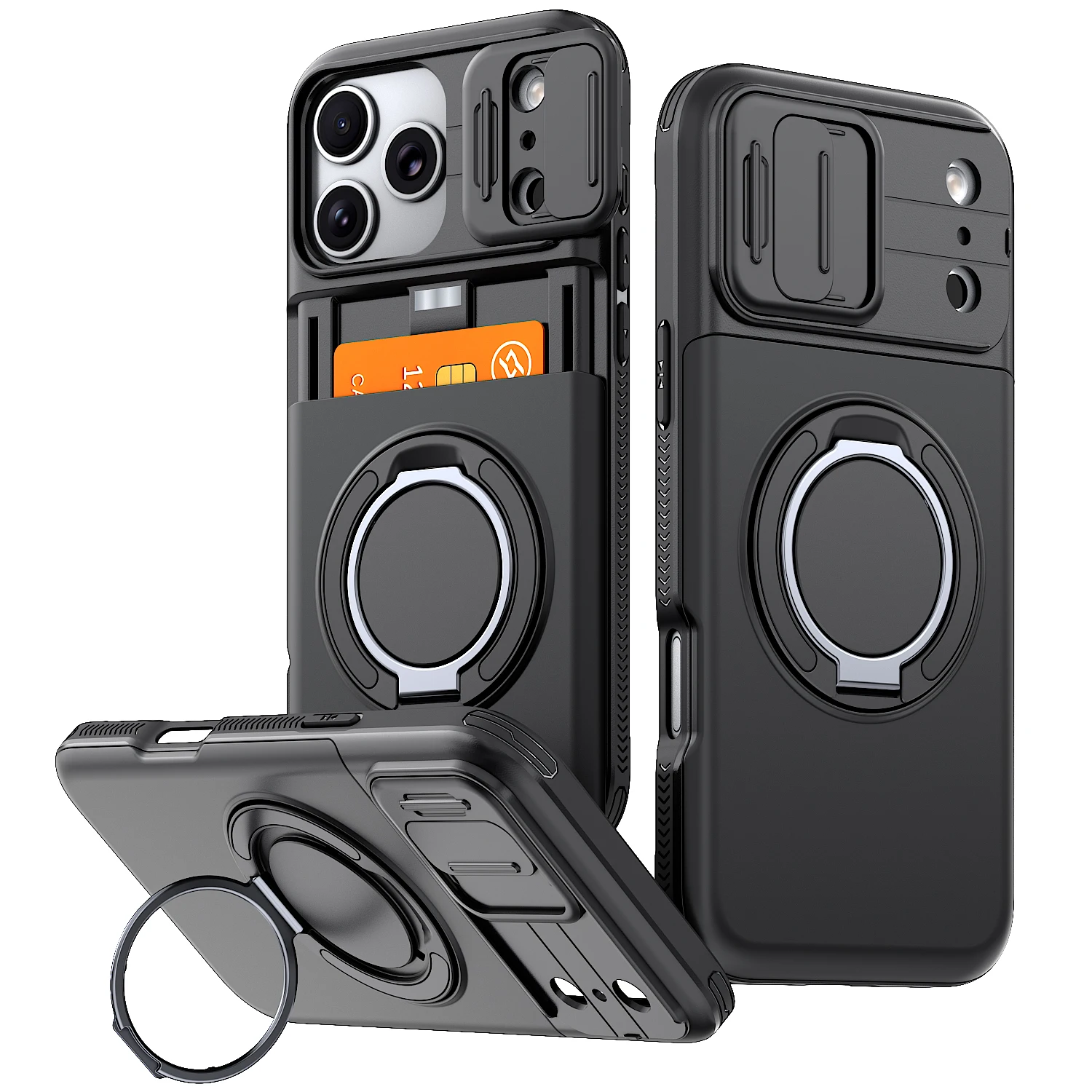 Фото Чехол для iPhone 11 12 13 14 15 16 Plus 17 Pro Max с защитой камеры, скрытым слотом для карт и металлическим кольцом-подставкой №1