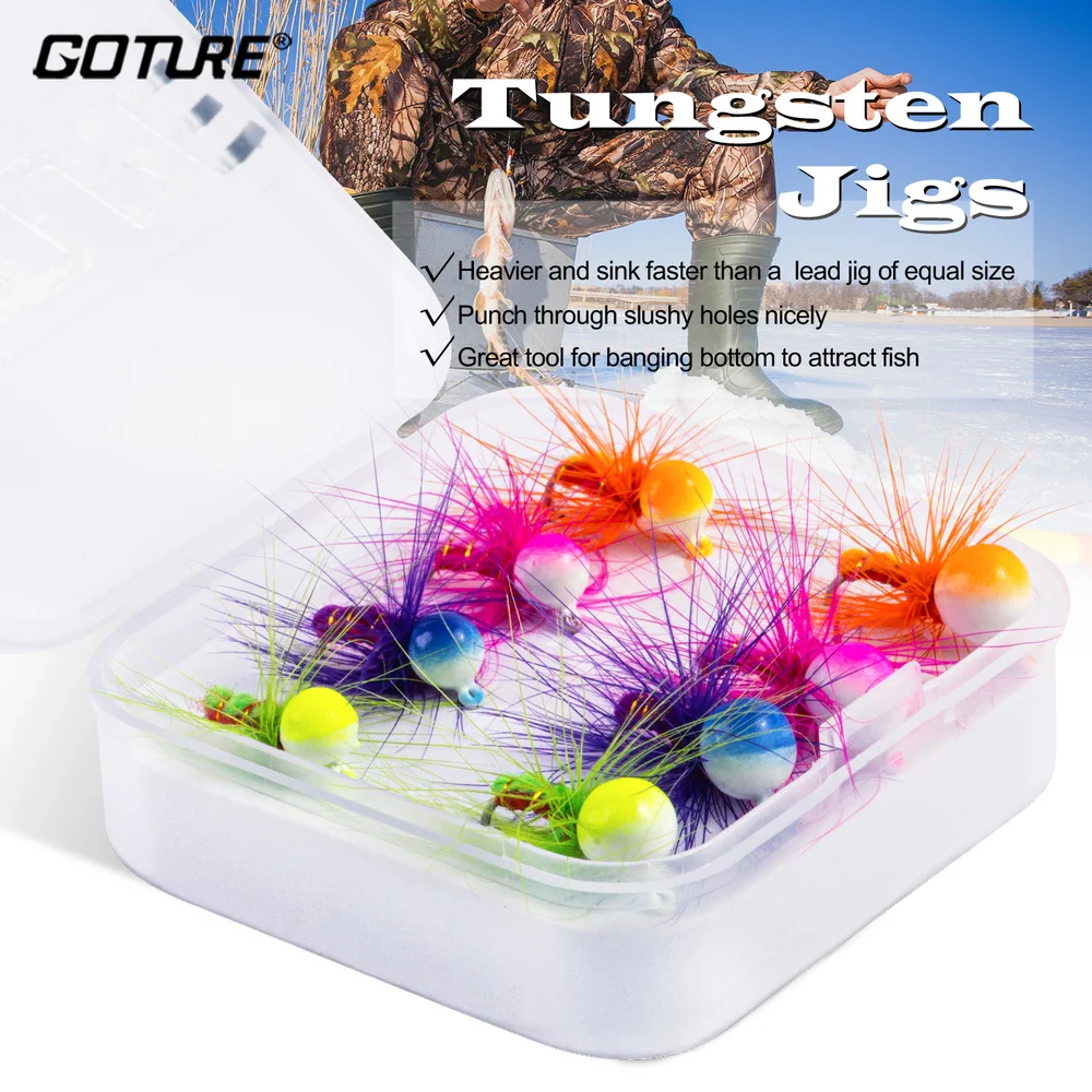 

Goture 8pcs/lot Tungsten Jig Ice Fishing Lure Kit for Winter Fishing 1~2g High Quality Tungsten Jig with Fishing Accessories Box