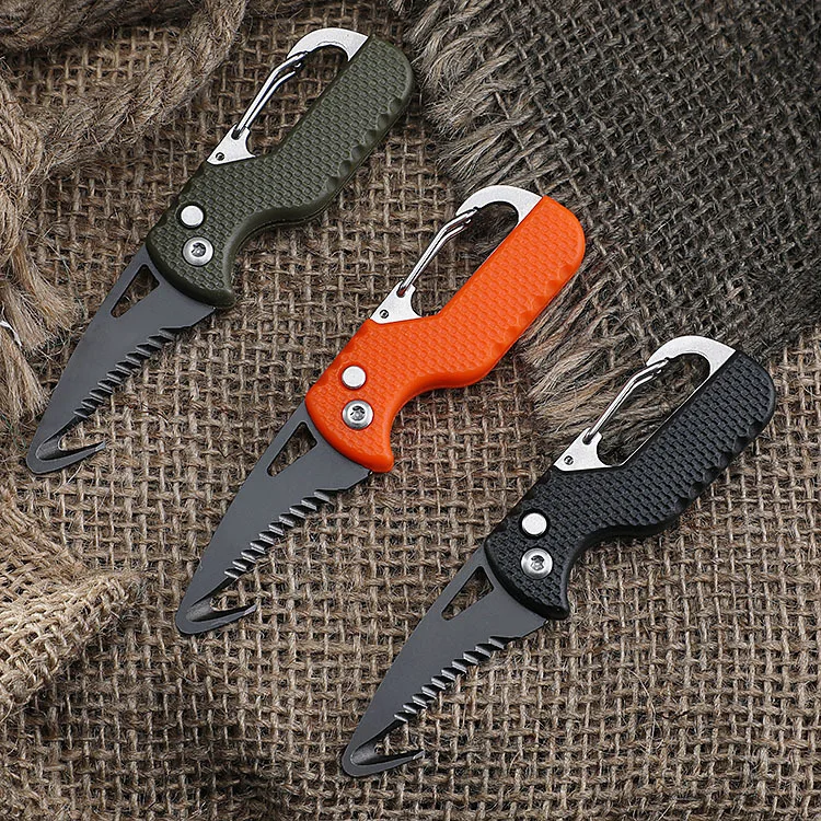 

1PCS Portable Multifunctional Tool Knife Foldable Serrated Sharp Express Parcel Knife Keychain with Hook Cut Rope Survival Tool