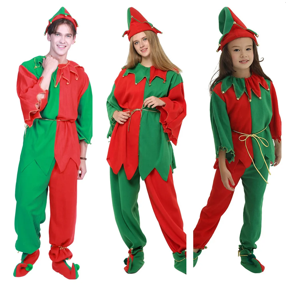 

Green Elf Cosplay Christmas Costume Parent-Child Family Carnival Party New Year Fancy Dress Men Women Girls Boys Xmas Suit