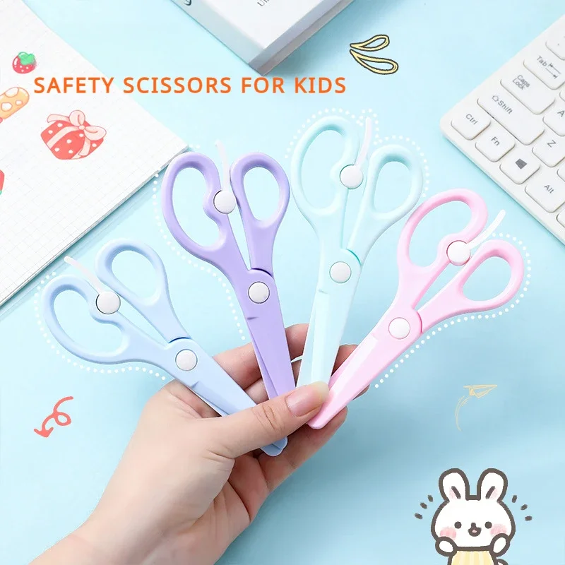 

Children Safety Scissors Kawaii Students Kindergarten Round Tip Paper Box Cutter All Plastic Elastic Scissors School Supplies