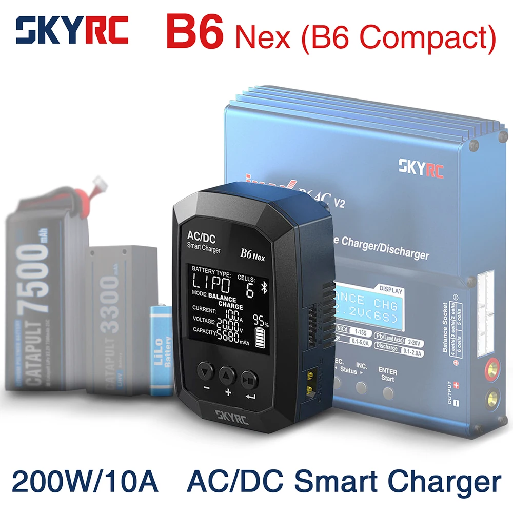 

Зарядное устройство SKYRC B6 Nex для LiPo 1-6s Li-Ion LiHV LiFe NiMH Pb SKYRC, двойная мощность AC 50 Вт DC 200 Вт 10A GaN 5,0 Bluetoot APP