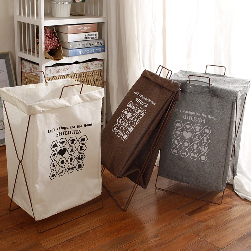 Waterproof Cotton Linen Laundry Basket Dirty Clothes Basket Clothes Storage Basket Japanese Simple Iron Bracket Fabric Folding