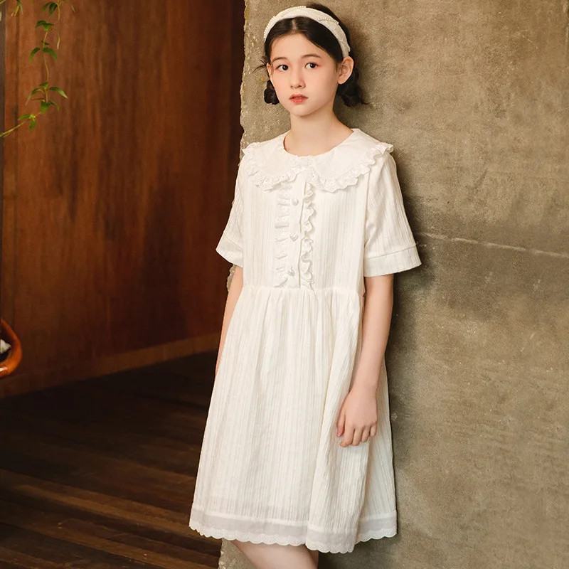 

Белое Кружевное Хлопковое платье для девочек 10-12 лет, летняя милая детская одежда в Корейском стиле