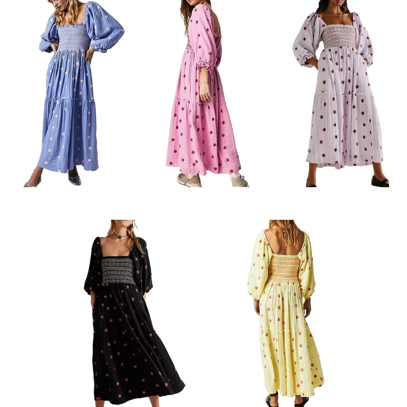 

Women's bohemian Smocked Off Shoulder 3/4 Sleeve Beaches Summer Long Dress