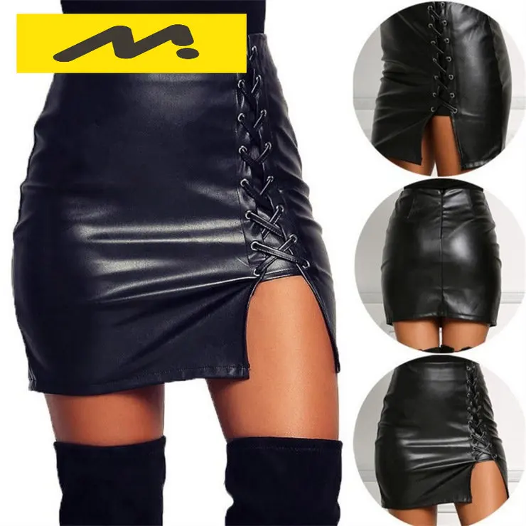 

Strap hem split leather skirt High Waist Hip Wrap Skirt
