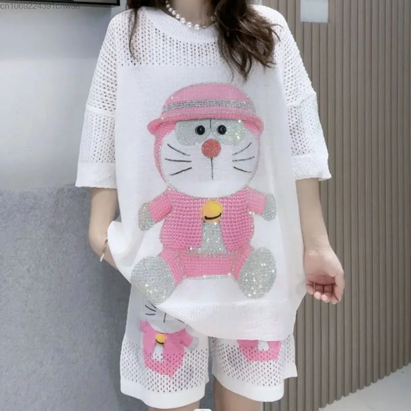 

Doraemon Hollow Out Casual Set Summer Korean Stylish 2 Piece Sets Pink Outfits For Women Designer Clothes Luxury Sports Suit Y2k
