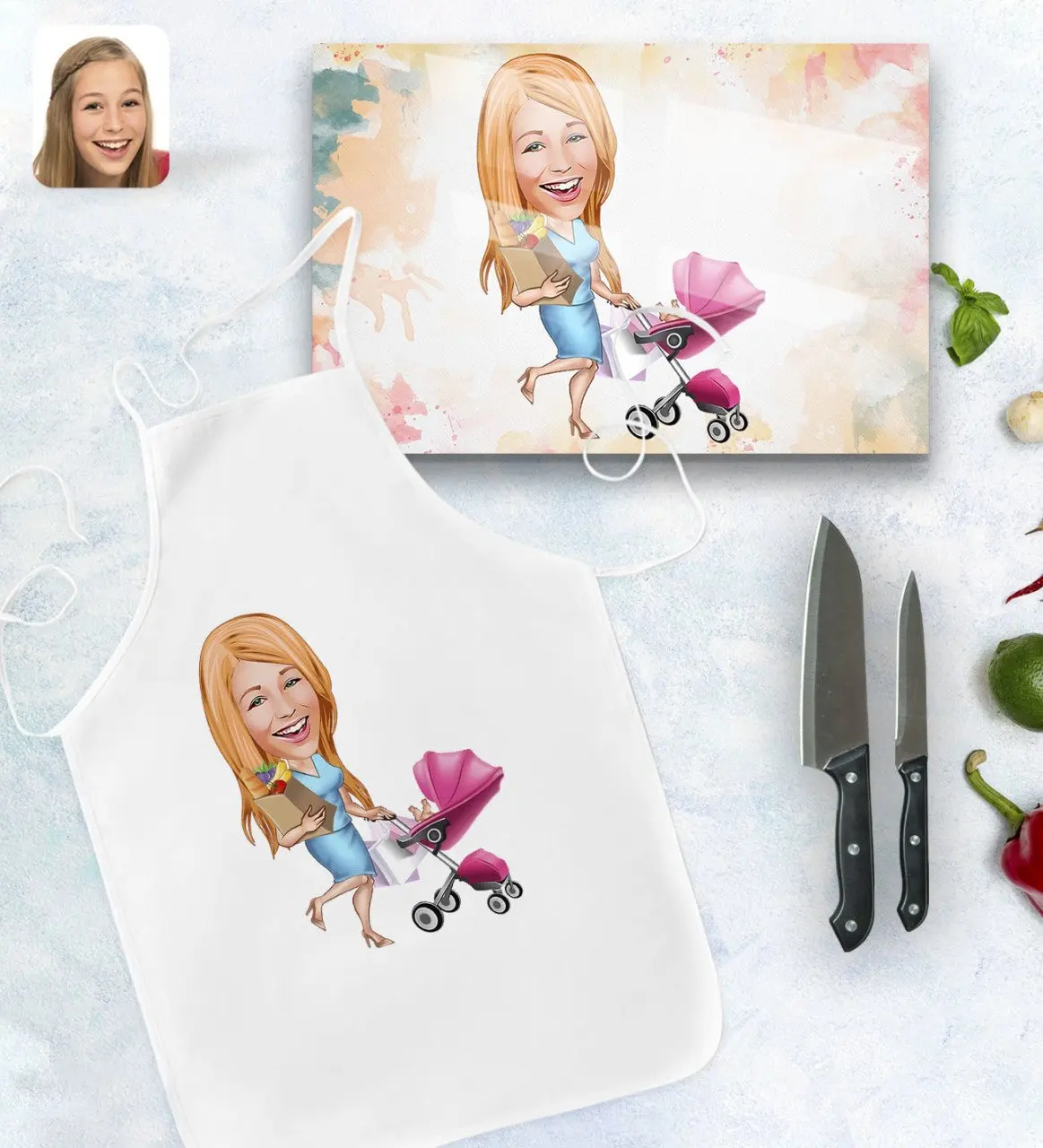 

Персонализированный домашний прибор, мультяшный кухонный фартук и стол для резки стекла, подарочный набор, модель 1