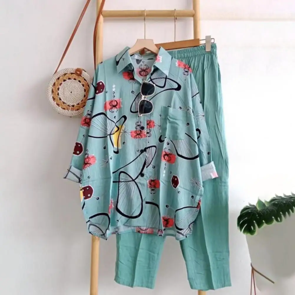 

2 Pcs/Set Trendy Casual Women Shirt Pants Set Elastic Waist Deep Crotch Summer Vacation Blouse Pants Suit Match Shoes