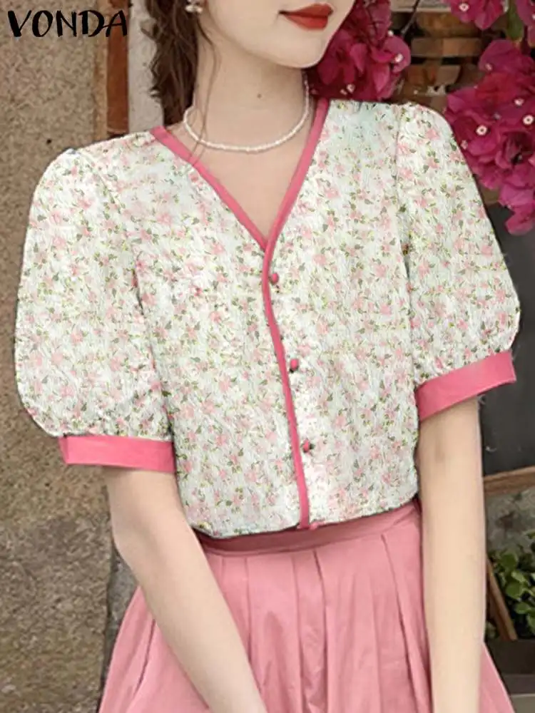 

Women Floral Printed Tops Sexy Shirts Tunic 2023 VONDA Summer Short Sleeve Sexy V-Neck Fashion Blouses Casual Chic Blusas Baggy