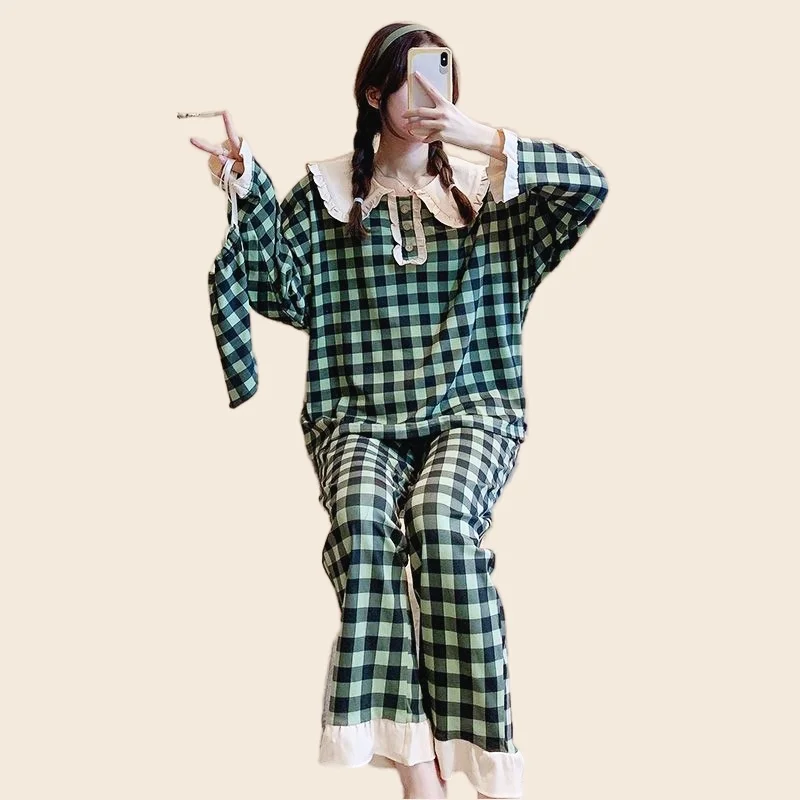 Women's Pajamas Set Full Sleeve Shirt Sexy Red Plaid Print Spring Cute Pyjama Loose Sweet Princess Homewear Cozy Sleepwear