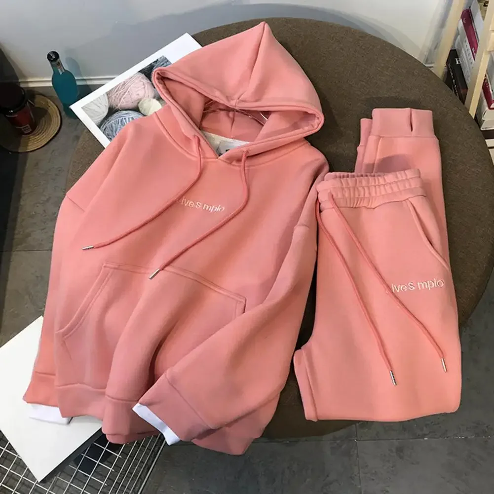 

Hoodies + Sweatpants Two Piece Set Autumn Winter Fleece Thicken Letter Tracksuit Female Chic Causal Sports Suit Ladies Outfits