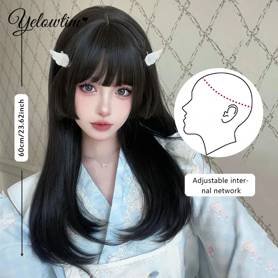 YELOWTIM черные волосы длинные прямые парики принцесса стрижки челка для женщин