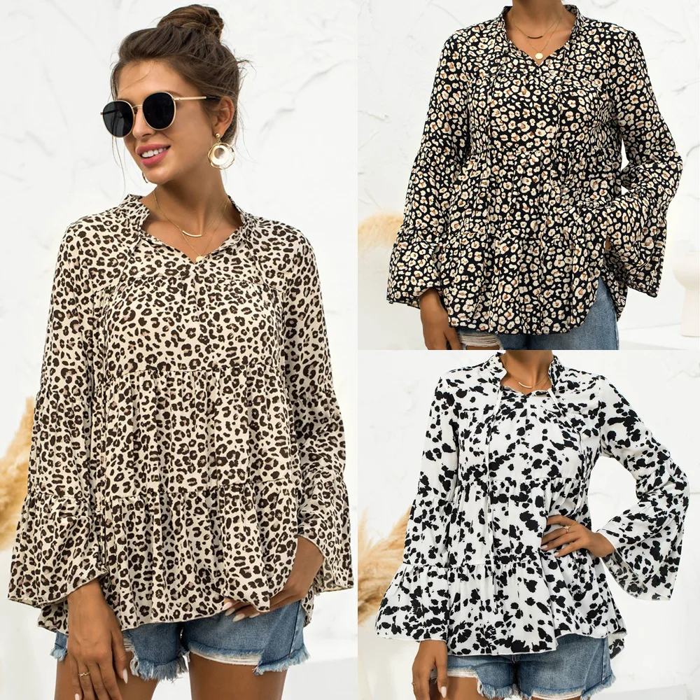 

Leopard Print Maternity Shirt V-neck Lace Up Flared Sleeve Pregnancy Clothes Loose Women Clothes Premama Tops Blouses Hot Sale