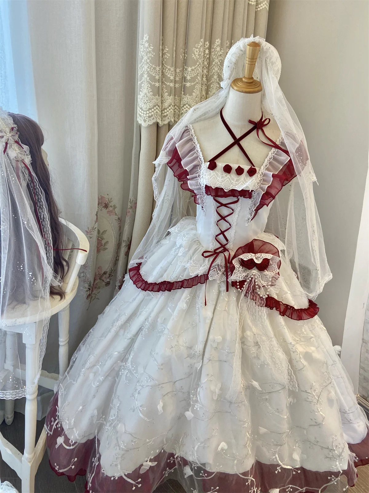 

Summer Rose Night Wedding Women's Lolita Girls Classic Gorgeous Three-dimensional Embroidery Flowers Fairy Sweet Cute Dress