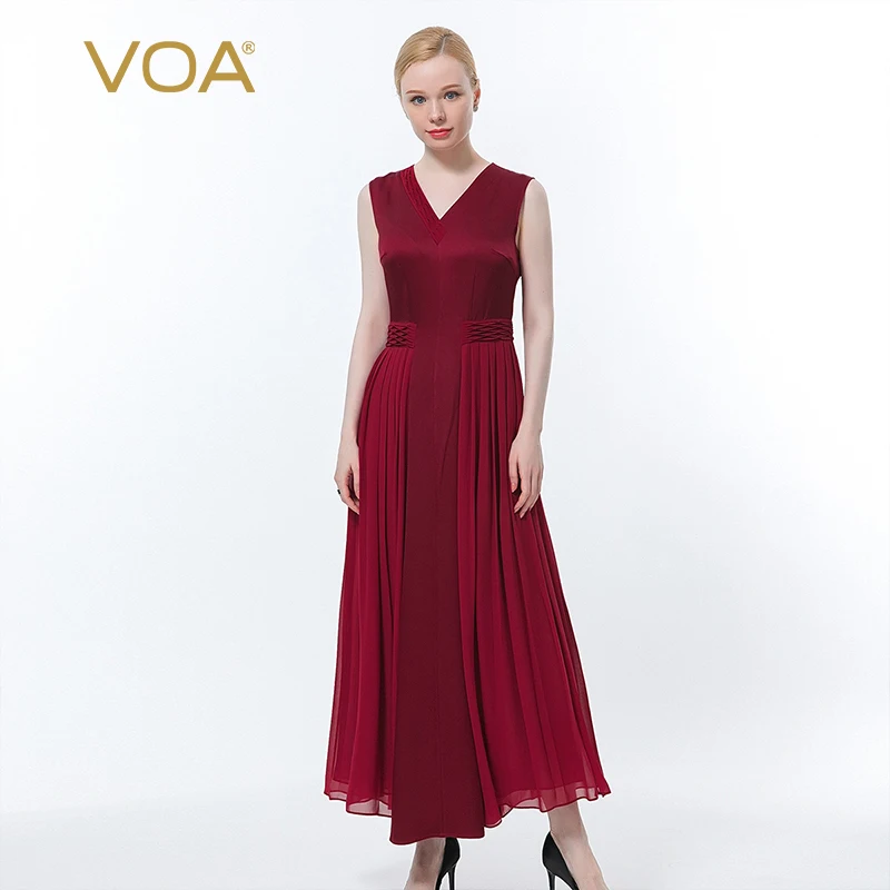 

VOA High Quality Silk Summer Lava Falls Red Prom Dress Satin Sleeveless V-neck Fold Asymmetric Waist Banquet Party Dresses AE929