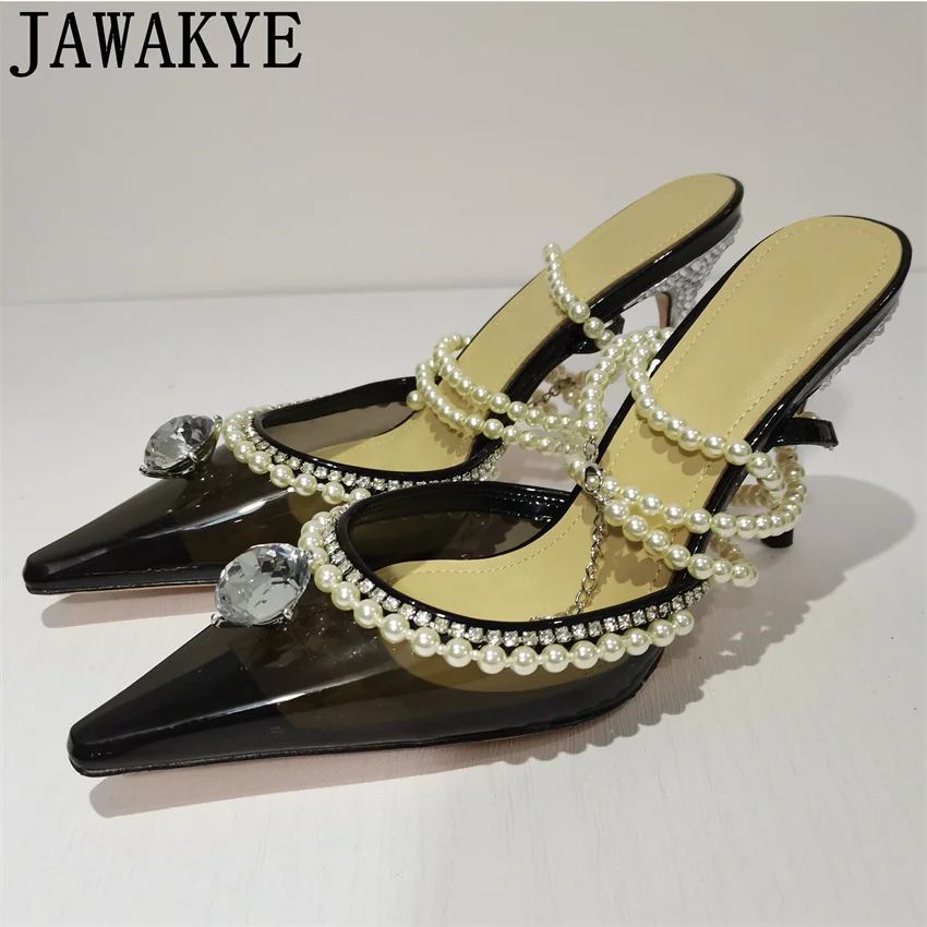 

Summer PVC Pearl Ankla Band High Heel Sandals Shoes Women Sexy Pointy Wrap Toe Stiletto Sandals Brand Crystal Party Shoes female