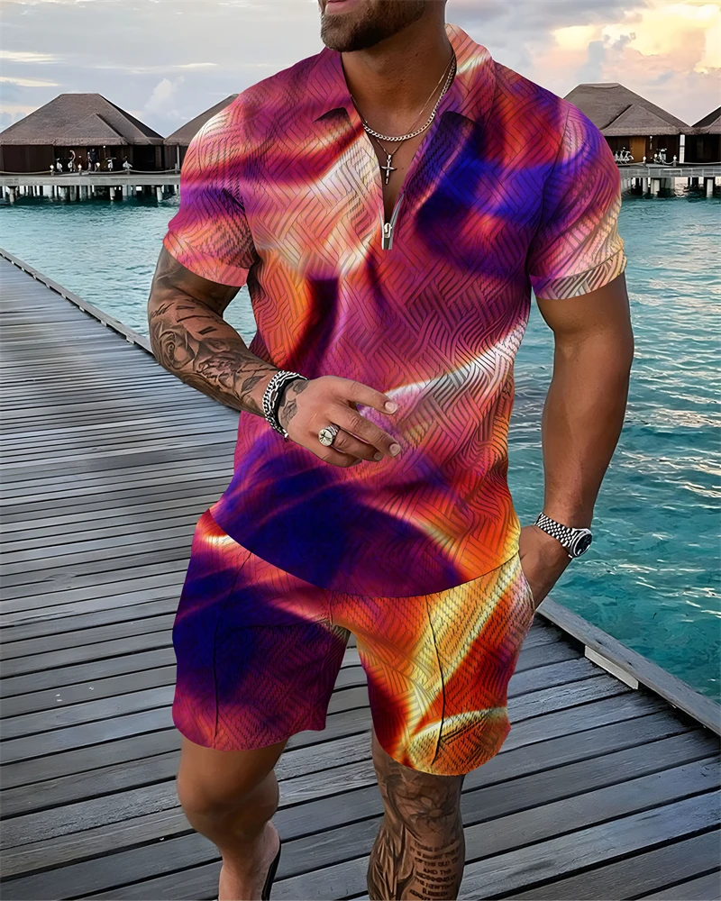 

Рубашка-поло мужская с 3D-принтом, модная спортивная одежда, комплект из 2 предметов, деловой повседневный костюм с разноцветным пламенем, ле...