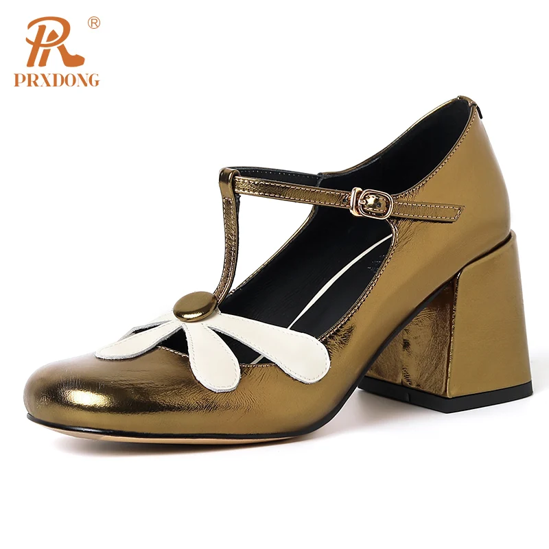 

PRXDONG New Brand Genuine Leather Chunky High Heels Round Toe T-strap Dress Party Wedding Female Pumps Black Gold Mary Janes 39