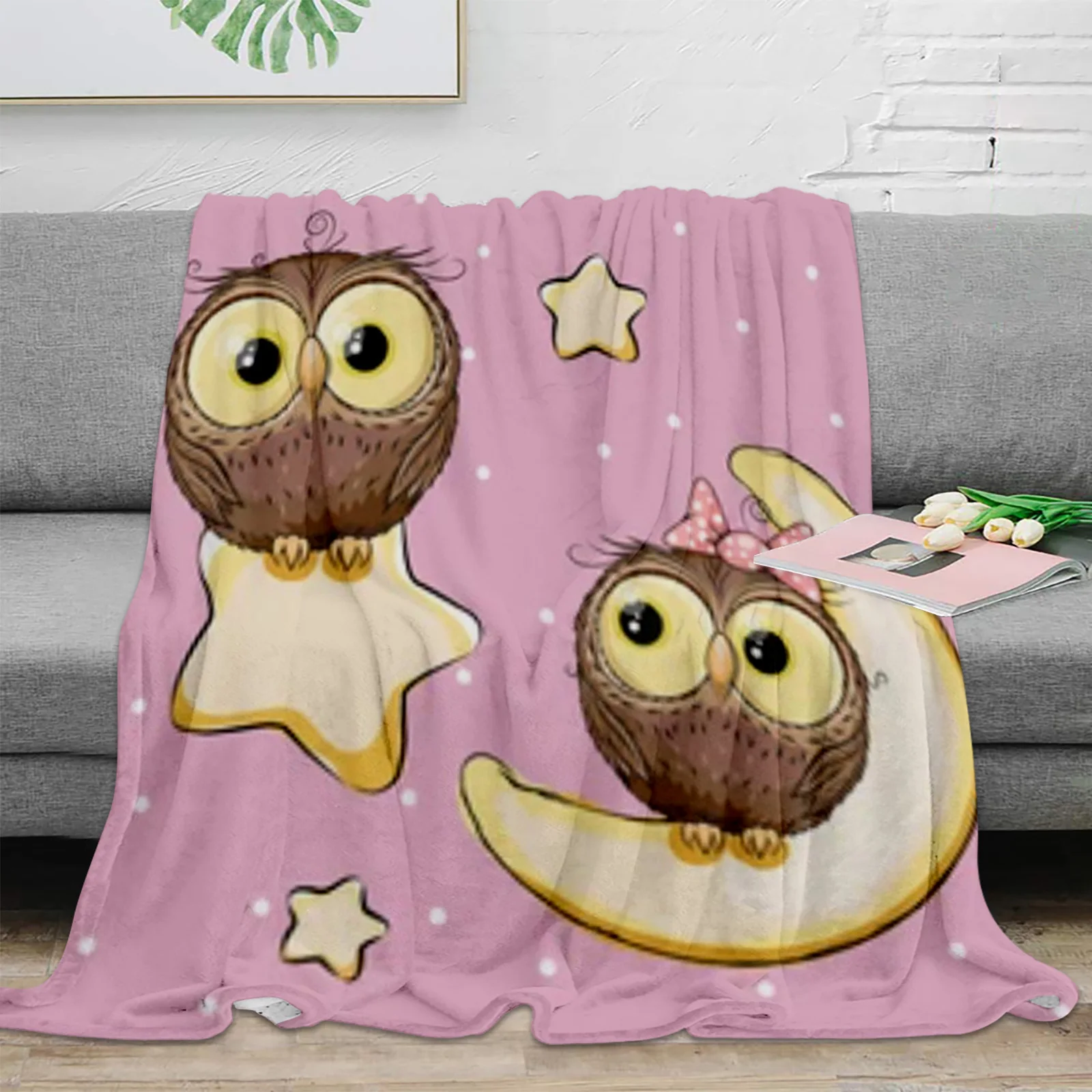 

Owls On A Moon And Star Throw Blanket For Sofa Bed Bedroom Bedspread Soft Microfiber Flannel Throw Blanket For Kids Gifts