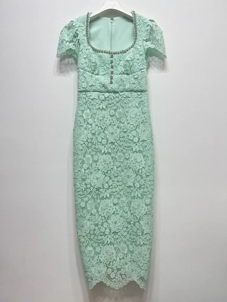 Top Quality New Bodycon Party Lady Dresses Sexy Square Collar Crystal Beading Deco Short Sleeve Midi Beige Green Lace Sexy Dress