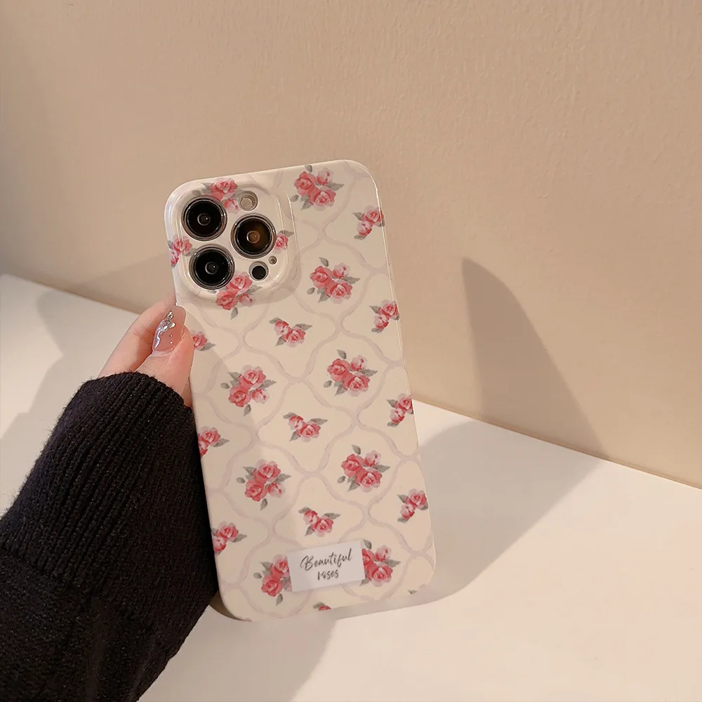 Retro Rose Flowers Sweet Girls Glossy Film Cartoon Phone Case For IPhone 14 13 12 11 Pro Max Xr Xs 7 8 14 Plus Case Cute Cover