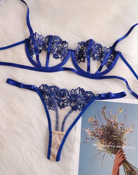 Women's Underwear Set Cobalt Lingerie Thongs Lace Transparent Bra Erotic Pushup Sexy