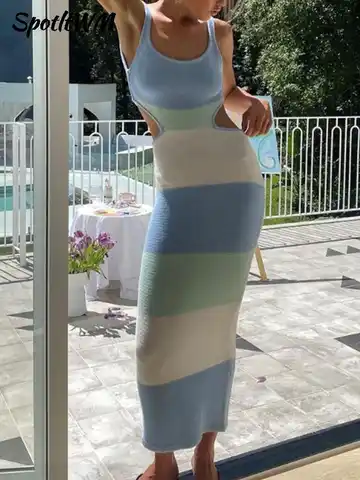 Женское трикотажное платье на бретелях, длинное платье контрастных цветов с открытой спиной, сексуальное облегающее платье на лето, Y2k