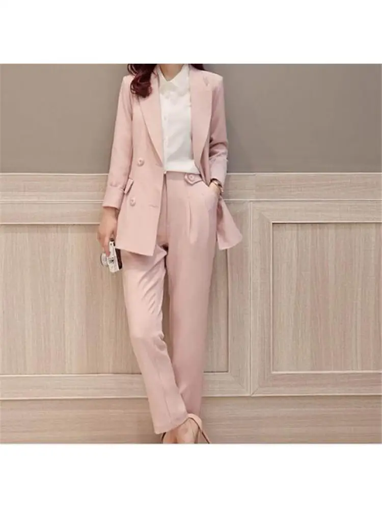 

Pink Double Breasted Women Fashion Business 2 Pieces Suits Women Slim Fit Custom Made Suits Garnitur Damski Jacket+Pants