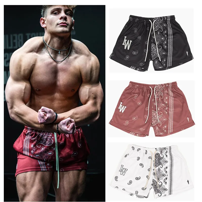 2023 new European and American muscle men's sports pants men's training fitness mesh elastic shorts casual running pants