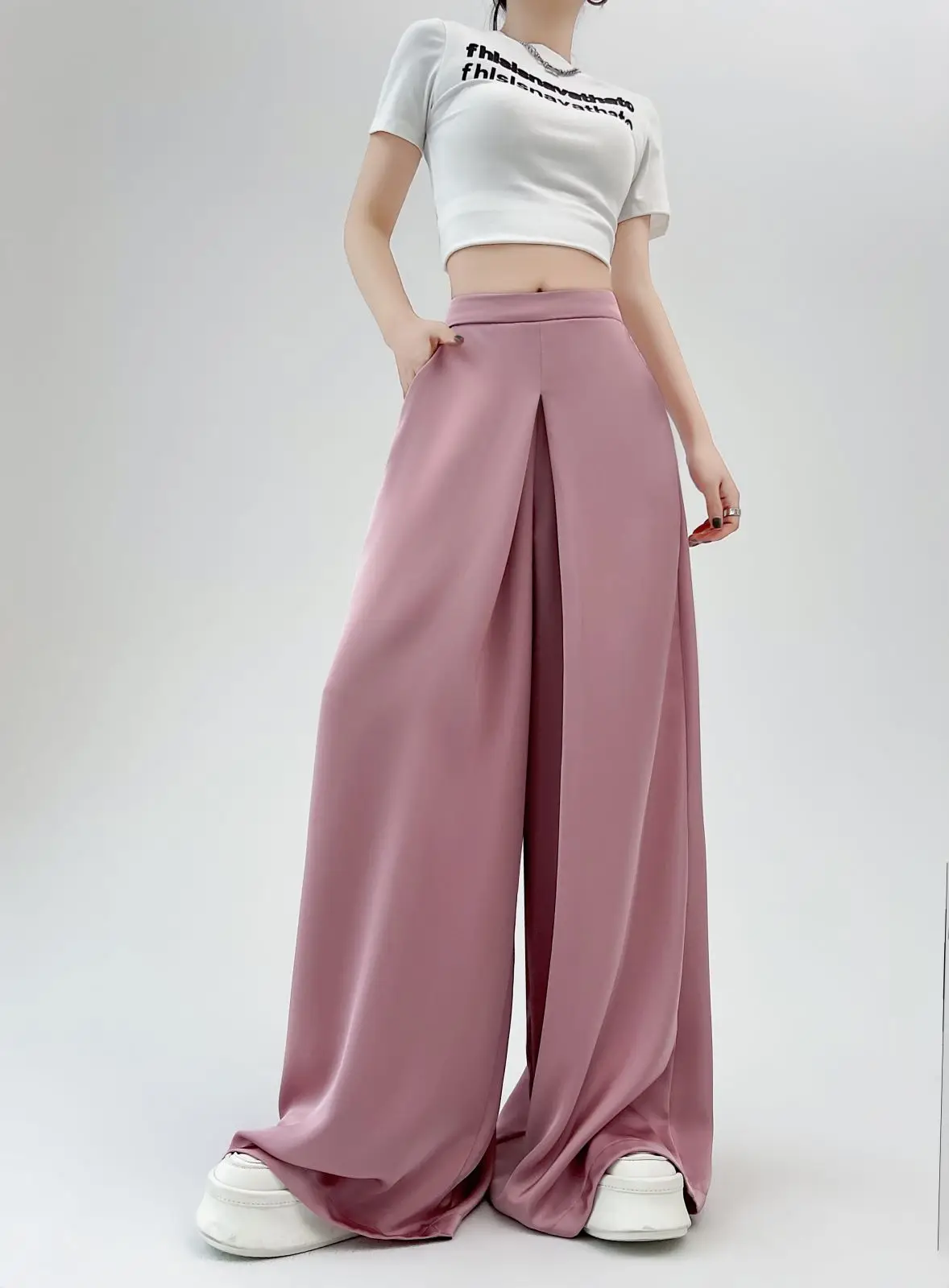 Женские костюмы из ацетатного атласа с высокой талией свободные брюки широкими