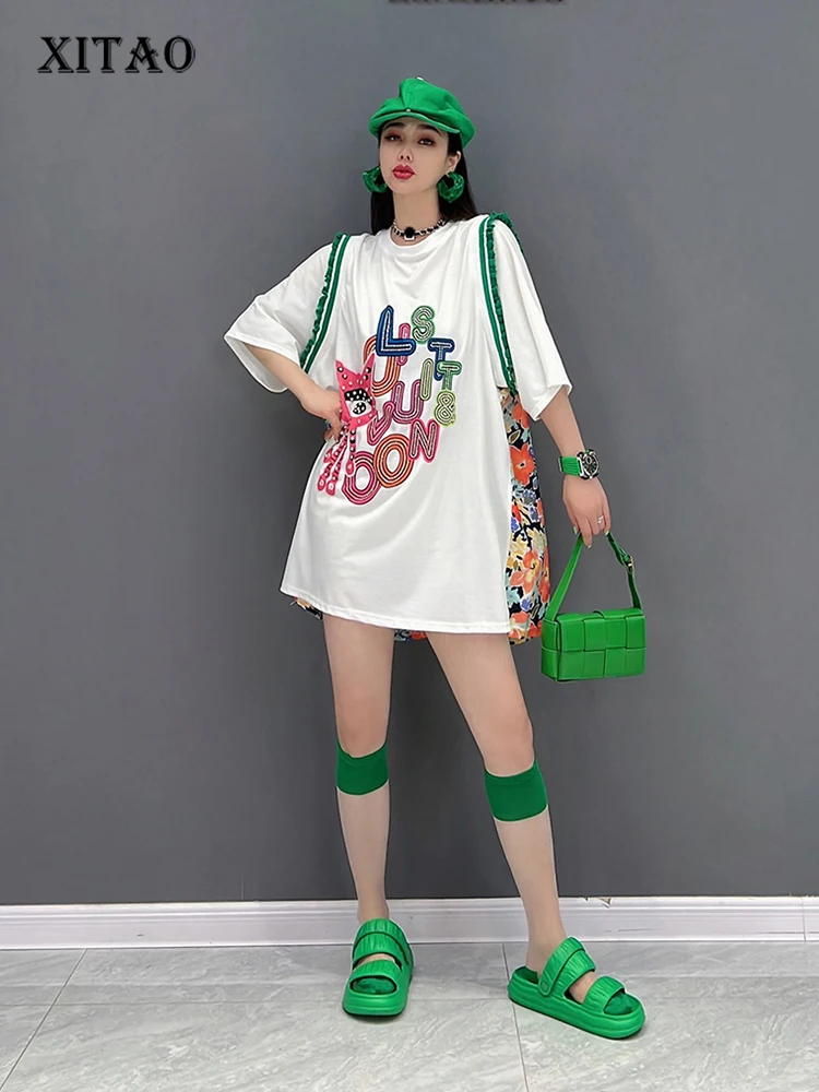 

XITAO Fashion Print T-shirt Loose Contrast Color Casual Letter Pattern Decorate Women Top Summer New Pullover All-match WMD6841
