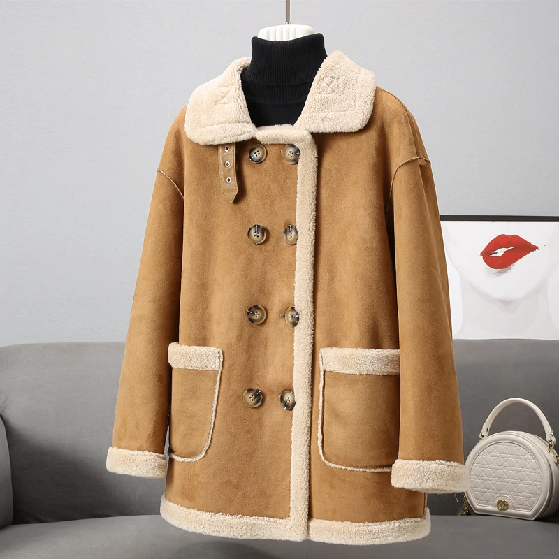 Женская короткая куртка с овчиной, повседневная верхняя одежда из натурального меха ягненка, двубортная куртка для зимы 2022, Q457