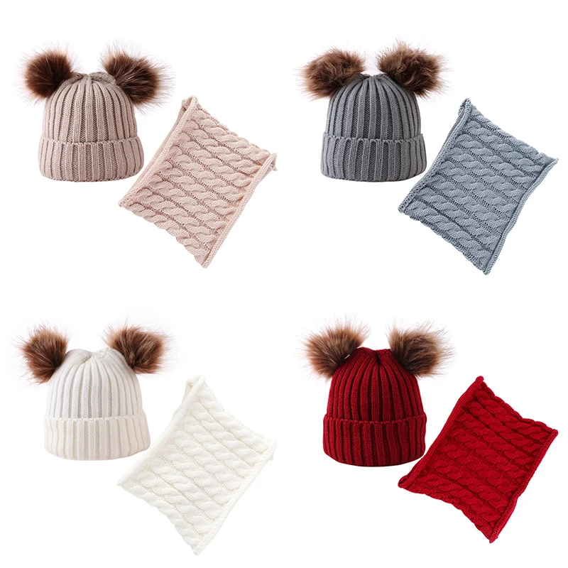 

Зимняя теплая шапка для младенца, шарф с двойным помпоном, шапки для маленьких мальчиков и девочек, однотонная вязаная детская шапка, шапка, ...