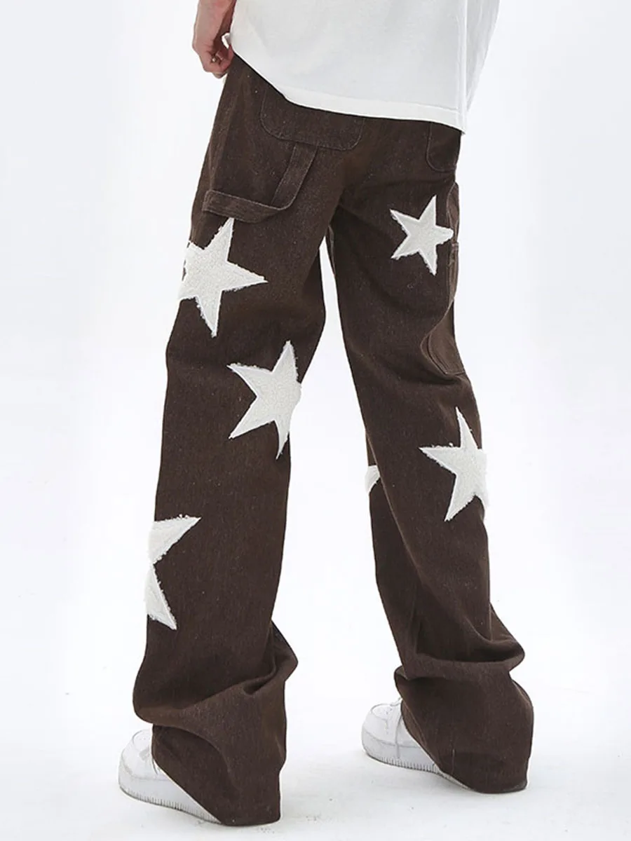 Four Seasons Star Embroidered Side Belt Streetwear Men's Jeans Retro Harajuku Patchwork Loose Casual Denim Trousers Ins Hot Sale