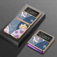 cute cartoon protective case for samsung z flip3 case luxury plating tempered glass hard pc cover for galaxy z flip 3 case