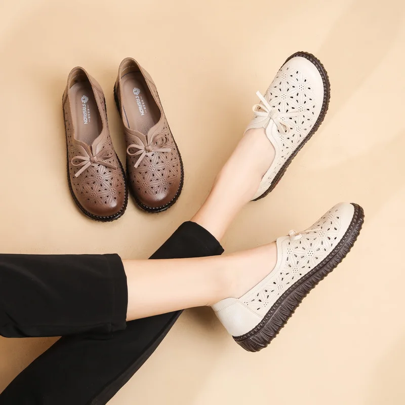 2023 New Spring Autumn Flat Ladies Bowtie Hollow Leather Shoes Female Summer Breathable Mocasines Soft Sole Comfort Flat Sanda