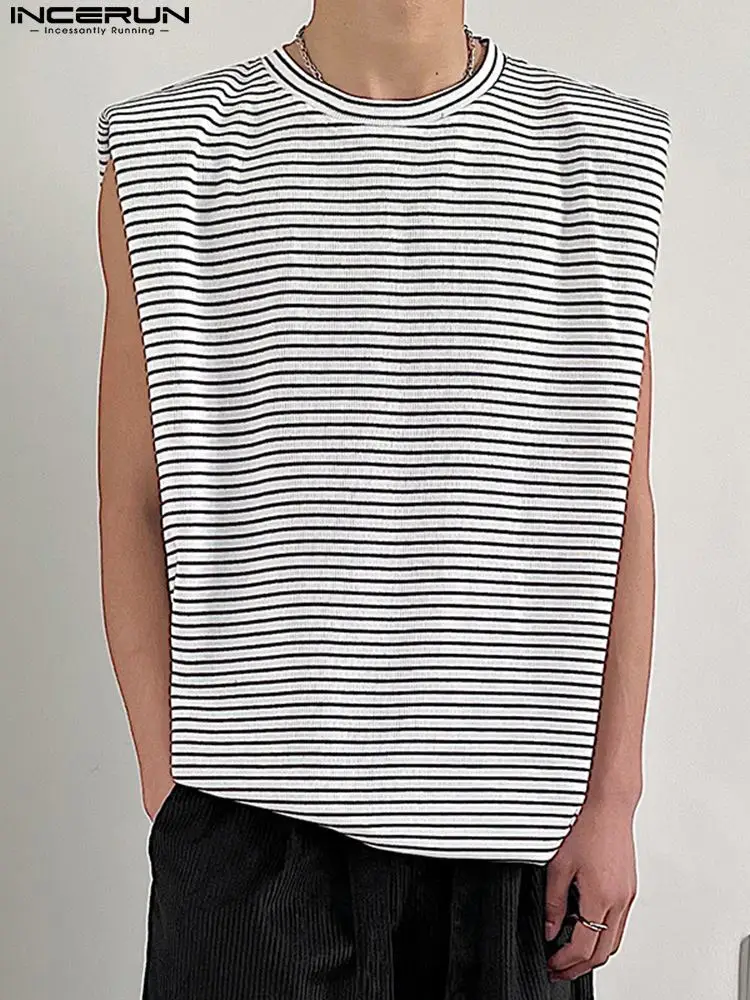 

INCERUN Men Striped Tank Tops O-neck Sleeveless Streetwear 2022 Loose Casual Vests Summer Korean Style Leisure Men Clothing 5XL