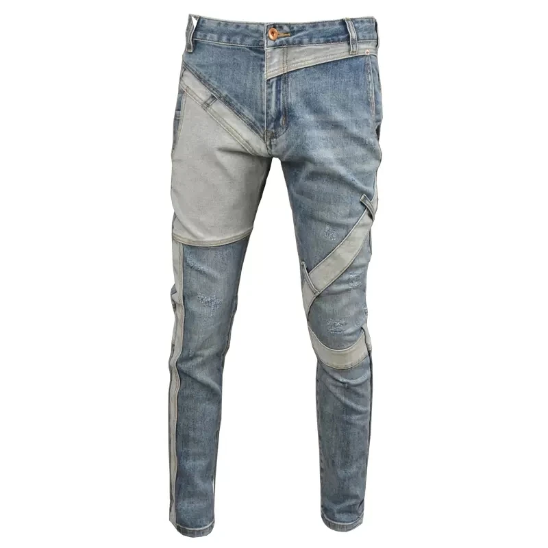 Fashion Designer Men Jeans Retro Blue Stretch Slim Fit Spliced Ripped Jeans Men Elastic Trousers Streetwear Hip Hop Pants Hombre