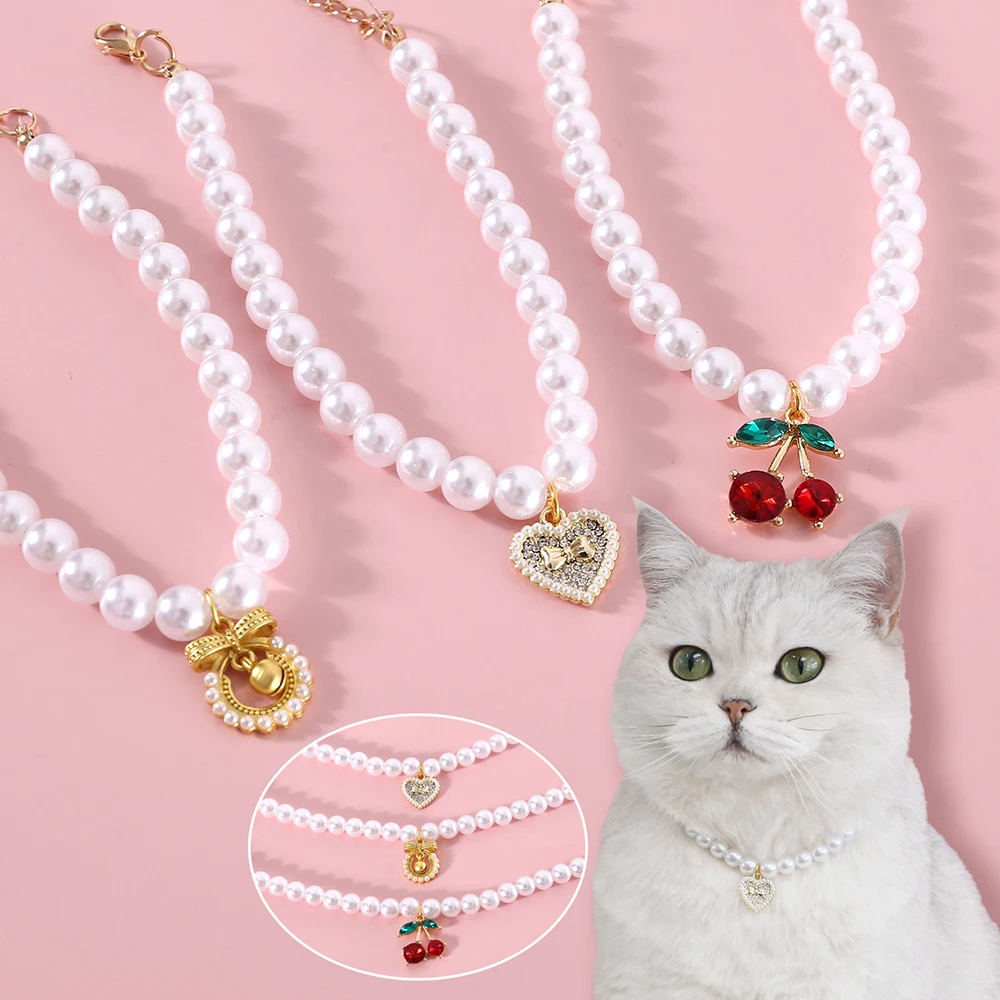 

Cute Cat Collar Pet Pearl Necklace Adjustable Cat Pendant Necklace Pet Accessories Adjustable Kitten Collar Princess Sweet INS