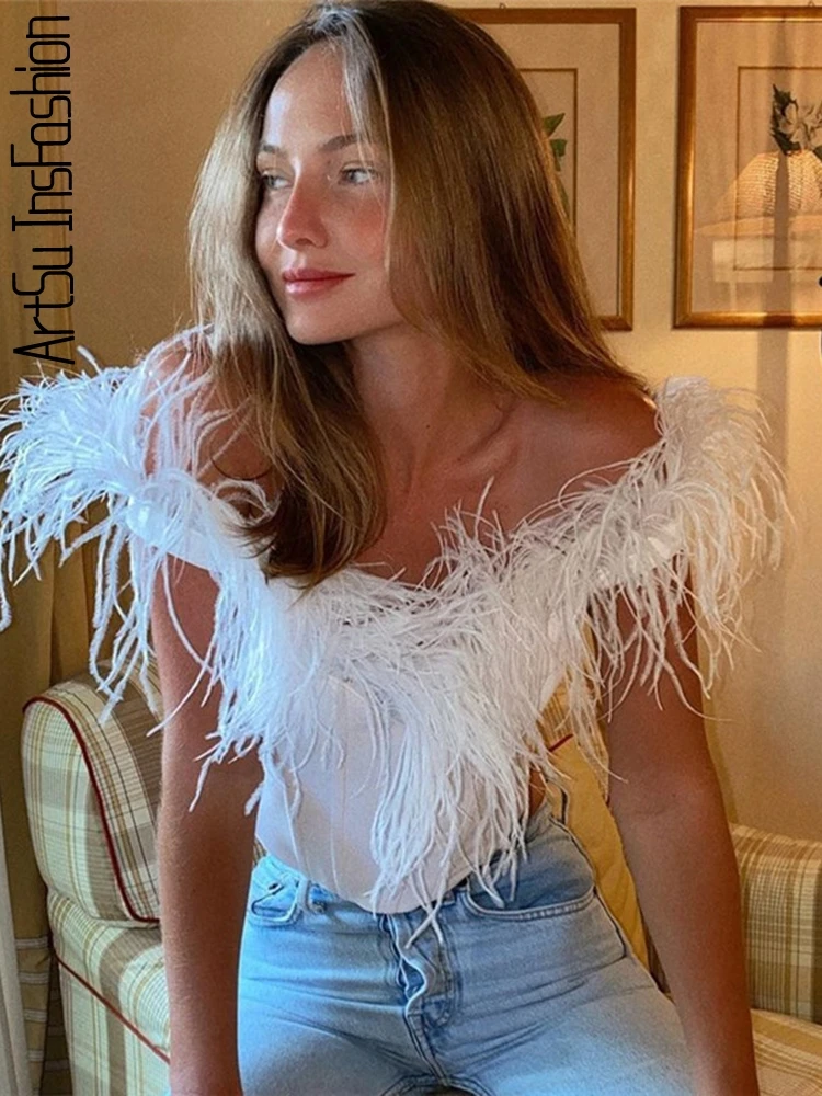 

Feather Top Sexy Corset Crop Top Women 2022 Summer Top Off Shoulder Black Tank Tops White Tanks Cami Party Vest Clothing Basic