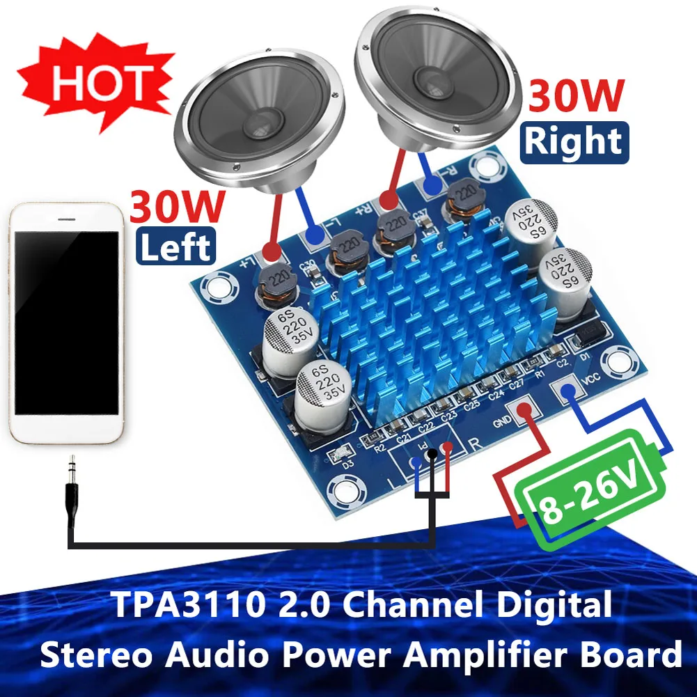

TPA3110 XH-A232 30W+30W 2.0 Channel Digital Stereo Audio Power Amplifier Board DC 8-26V 3A Audio Amplifier Module AUX Decoding