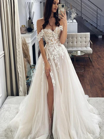Женское свадебное платье It's yiiya, белое кружевное платье с открытыми плечами и разрезом сбоку в винтажном стиле на лето 2019