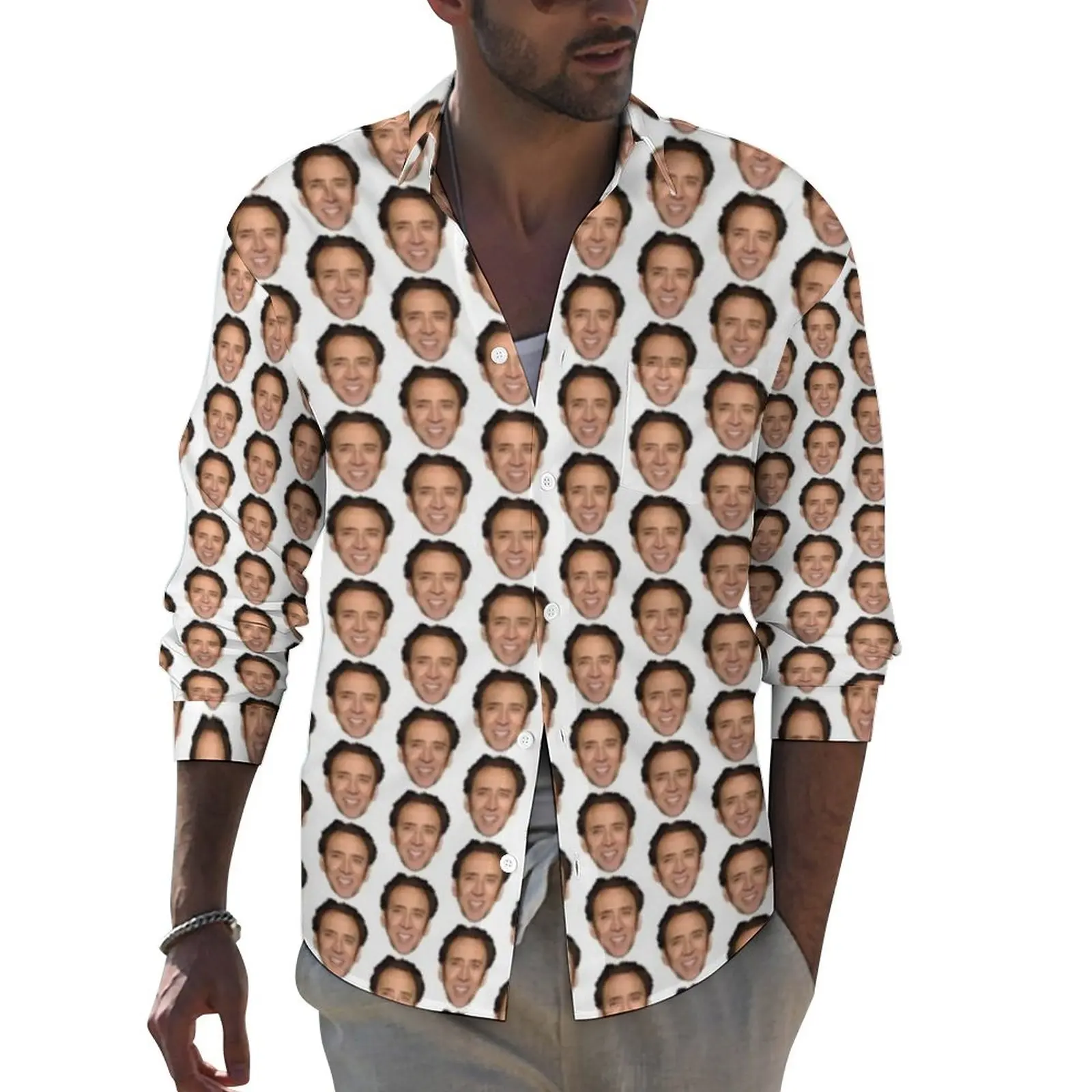 

Nicolas Cage Pattern Shirt Funny Meme Print Casual Shirts Long Sleeve Pattern Harajuku Blouses Spring Vintage Oversized Clothing