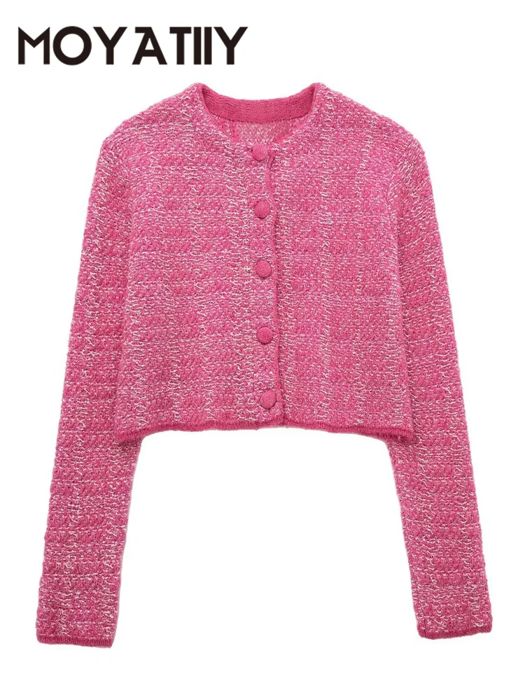 

Женский зимний Кардиган MOYATIIY, розовые укороченные вязаные свитера, винтажные женские кардиганы с длинным рукавом, верхняя одежда