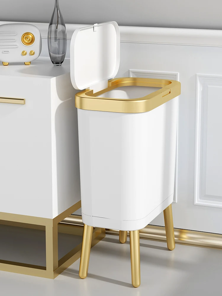 

15L Luxury Golden Trash Can for Kitchen Bathroom Creative Quadruped High-foot Push-type Plastic Narrow Garbage Bin with Lid